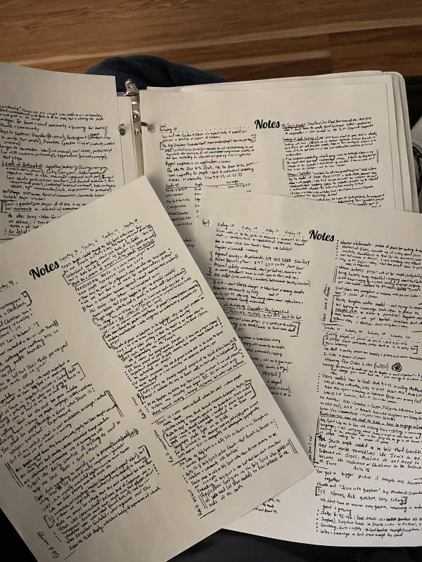 Four staggered pages of handwritten notes, in small script in two columns on each page.