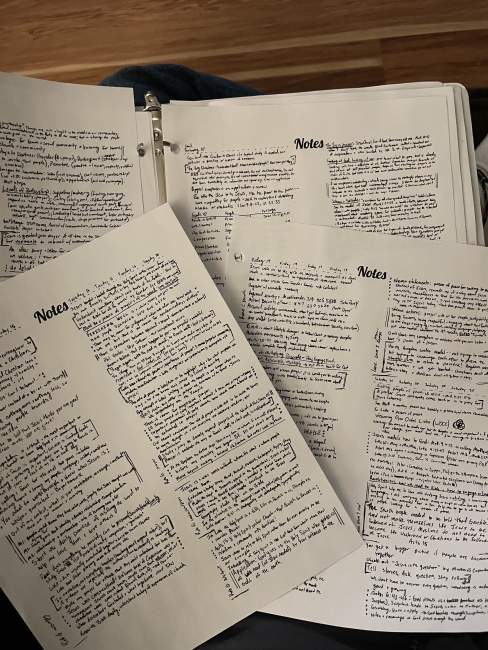 Four staggered pages of handwritten notes, in small script in two columns on each page.